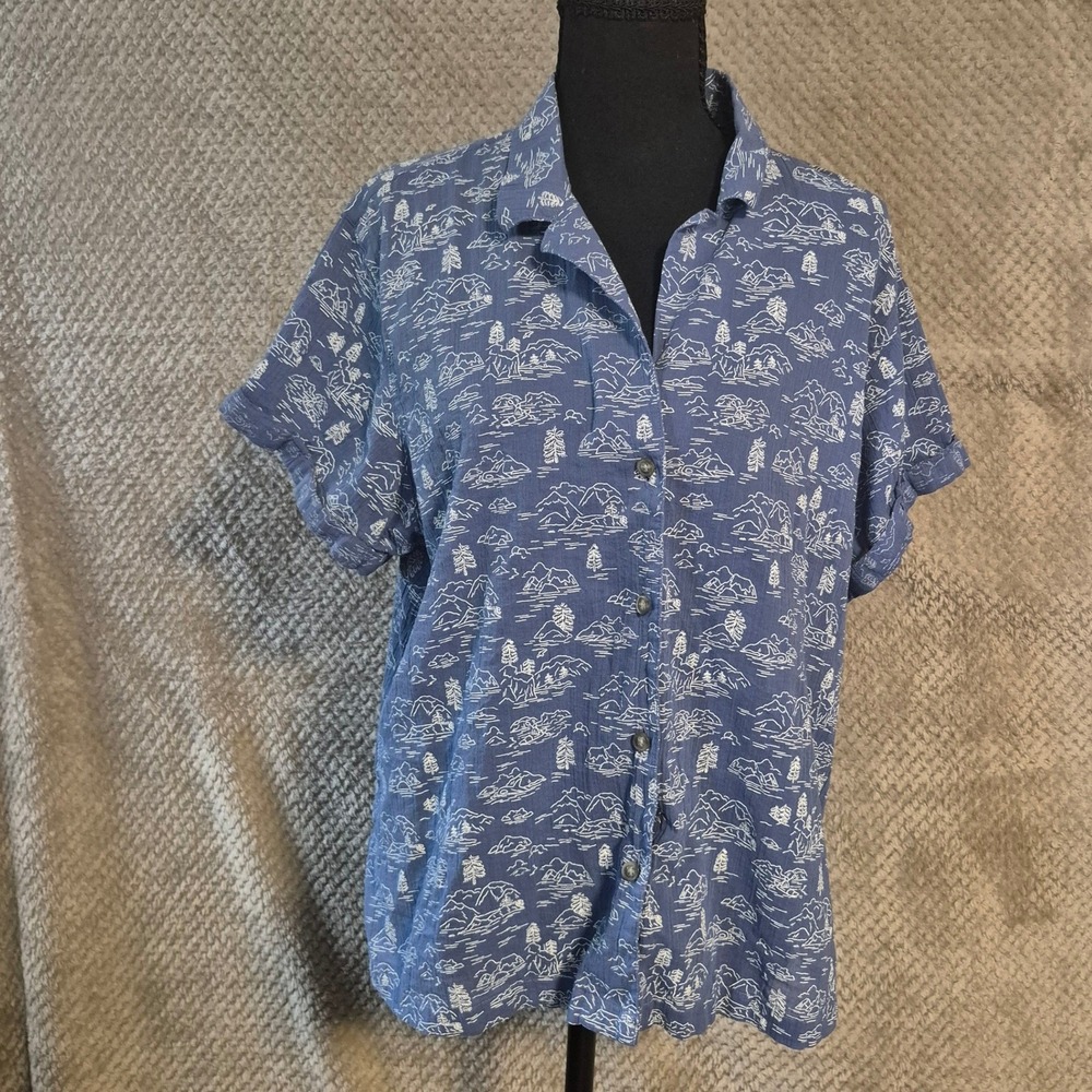 Eddie Bauer Womens XL Blue Mountain Landscape Print Cotton Button Down Shirt